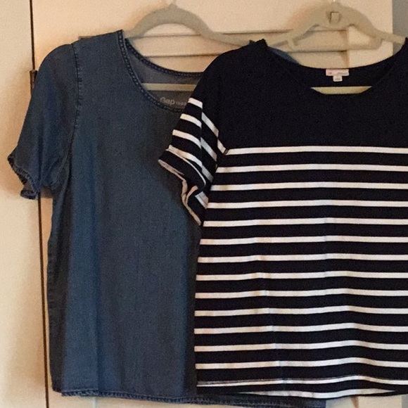 Two GAP Short Sleeve Tops - Denim Blue and Navy Blue/White Stripes - Picture 1 of 3